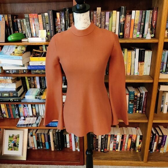 KEEPSAKE the Label Sweaters - Keepsake burnt orange bell sleeve mock turtle heavy stretch knit sweater S euc